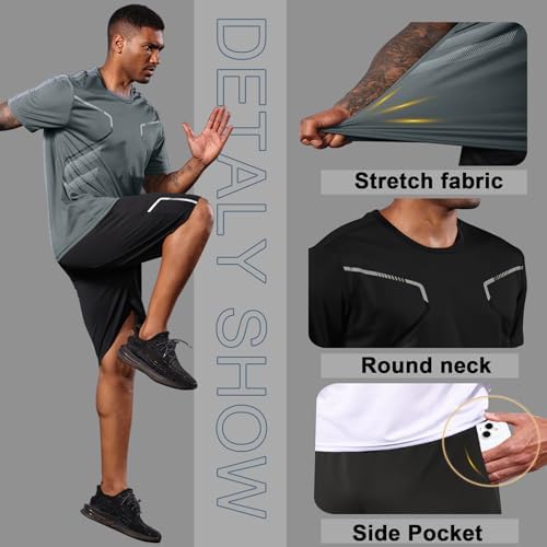 BUYJYA 3 Pack Men's Gym Shorts Shirt Set Workout Athletic Basketball Running Football Elastic Waist with Pocket Gifts - Image 6