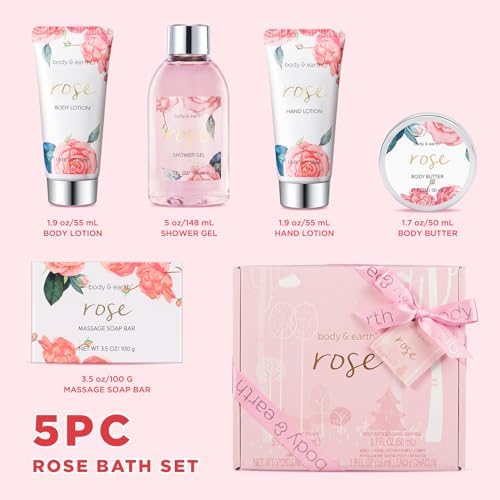 BODY & EARTH Spa Gift Set for Women - Luxurious 5 Pcs Bath and Body Box, Rose Scent, Includes Body Wash, Body Butter, Body Lotion and More, Birthday Christmas Gifts for Mom Self Care Kit for Her - Image 2