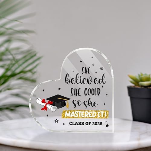 Graduate Gifts Class of 2026 Plaque, College Graduation Gifts for Her Women, Inspirational Graduation Gift, Masters Graduate Grad Keepsake for Masters Degree Heart Acrylic Paperweight, She Mastered It - Image 2