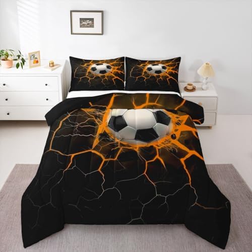 Erosebridal Soccer Bedding King,Lightning Football Print Comforter Set Sports Ball Game Bed Sets Soccer Ball Games Duvet Insert 3 Pieces by Erosebridal