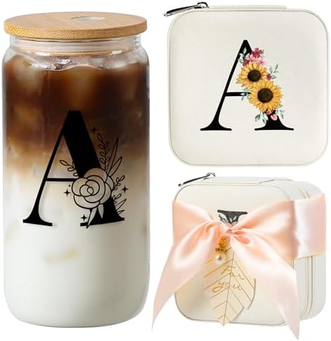 AYGXU christmas gifts for women,Initial glass cup with initial Jewelry Box,Jewelry Case Organizer,iced coffee cups,Travel Gifts for Women Girls,Birthday Gifts,Initial A white by AYGXU