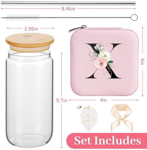 AYGXU Birthday Gifts for Women - Drinking Glass with Bamboo Lids and Straw, Iced Coffee Travel Jewelry Case, Small Jewelry Organizer Box, Initial X Pink - Image 2