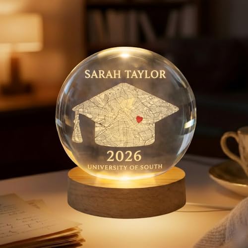 Daty Personalized Graduation Crystal Ball LED Night Light Class of 2026, Map Cap 3D Laser Engraved Crystal Sphere Gift for College Graduate by Daty