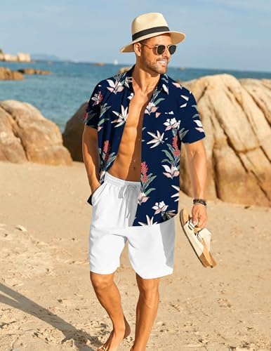COOFANDY Men's Hawaiian 2 Piece Outfits Floral Button Down Shirt and Shorts Vacation Outfits Summer Beach Matching Set - Image 2