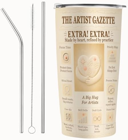 Artist Gift Tumbler 20oz Insulated Stainless Steel with Lid, Vintage Newspaper Style Motivational Design, Art Teacher & Painter Present, Travel Coffee Cup, Fits Car Cup Holders by Unknown