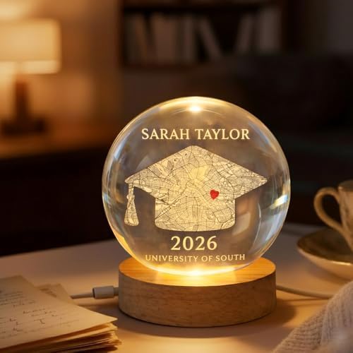 Daty Personalized Graduation Crystal Ball LED Night Light Class of 2026, Map Cap 3D Laser Engraved Crystal Sphere Gift for College Graduate - Image 4