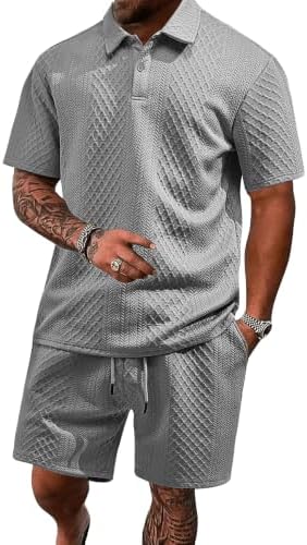 Men's 2 Pieces Outfits Casual Polo Shirt and Shorts Set Collar Athletic Jogging Summer Tracksuit by LINENNMAIN
