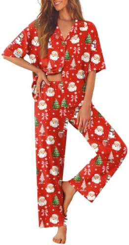 Ekouaer Women Pajamas Set Button Down Sleepwear Short Sleeve Pjs Long Pants by EKOUAER