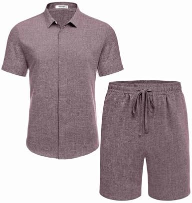 COOFANDY Men's Summer Beach Outfits 2 Piece Short Sleeve Shirts and Shorts Vacation Texture Linen Sets for Men - Image 4