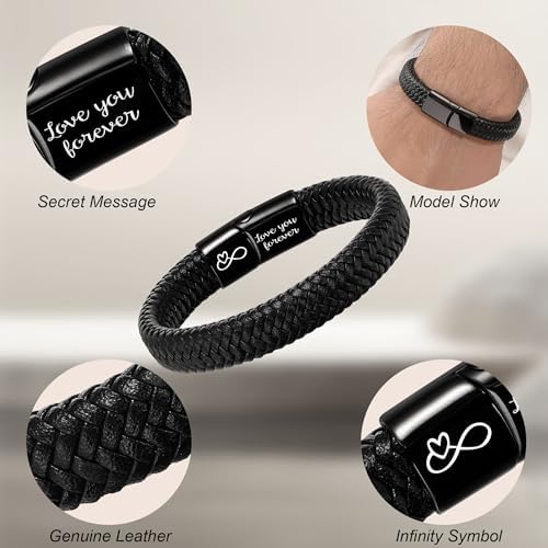 Btysun Mens Leather Bracelet, Teen Boy Gifts Stocking Stuffers for Teen I Love You Gifts for Him Boyfriend Birthday Gift for Son Husband Godson Bracelets for Men Dad Christmas Anniversary Jewelry - Image 4