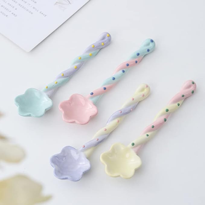 4-Pack - Ceramic Vintage Afternoon Tea, Coffee Whisk, Floral embossed beaded dessert spoon，Handmade Spoon, Long-Handle Coffee Scoop, tea scoop for loose tea, Size 5.9 * 1.5in(15 * 4cm)