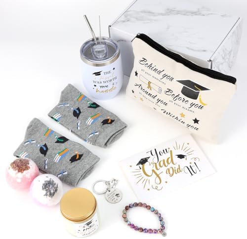 Kolewo4ever 10-Piece Graduation Gift Set: Congratulations Gifts - 12 OZ Insulated Tumbler, Candle, Keychain, Bracelet, Makeup Bag, Socks, Greeting Card, Bath Bombs for Women & Girls College Graduation - Image 6