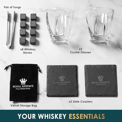 Whiskey Glasses Gift Set for Men, 2 Crystal Bourbon Glasses & Stones - Image 3