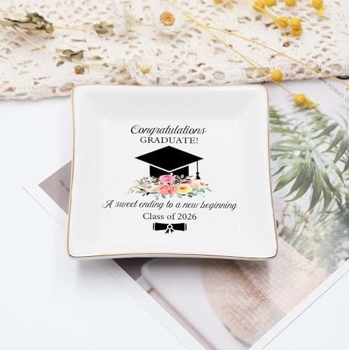Graduation Gift for Her 2026 – Cap & Flowers Graduate 4" Ceramic Jewelry Dish – Class of 2026 Gift for Daughter, Sister, Friend– High School, College or University Graduate Keepsake Jewelry Tray Gifts - Image 2