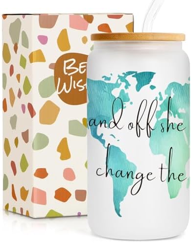 Frerdui Graduation Gift for Her – And Off She Went to Change the World 16oz Glass Cup, Cute Grad Gift for College High School Graduate, Grad Gift for Daughter Niece Granddaughter Friend by Frerdui
