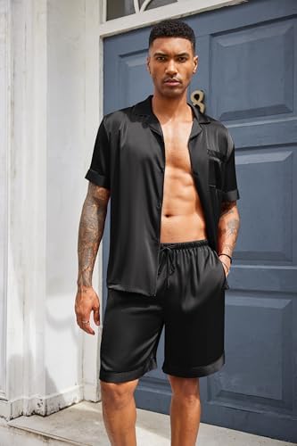 Ekouaer Mens Silk Satin Pajamas Set Short Sleeve Button Up Lounge Pjs Set - Image 3