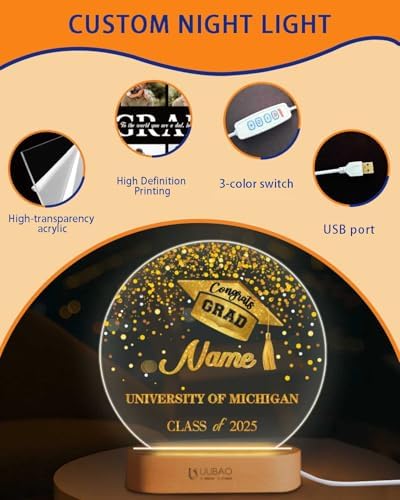 Personalized Graduation Gifts Custom Photo Name Night Light Gold LED Table Lamp for 2026 University High School Senior Keepsake(Round) - Image 5