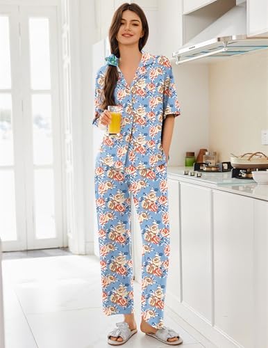 Ekouaer Women Pajamas Set Button Down Sleepwear Short Sleeve Pjs Long Pants - Image 3