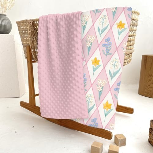 Wildflower Floral Patchwork Baby Blanket for Girl Boy Spring Flowers Grid Soft Mink Dotted Backing Double Layer Swaddle Blanket Garden Summer Florals Bed Throws for Newborn Toddler Crib 30x40 Pink - Image 6