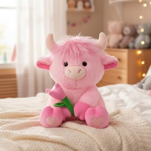 Highland Cow Stuffed Animal,8inch Pink Highland Cow Plush Sit Toy - Image 6