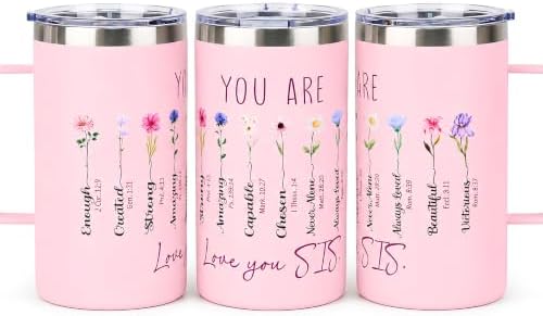 Sister Birthday Gifts, Sisters Gifts from Sister, 20 Oz Pink Floral Insulated Coffee Mug with Handle and Lid, Christmas Birthday Gift Tumbler for Sisters Adult, Big Sis Gift by TSIMPLE
