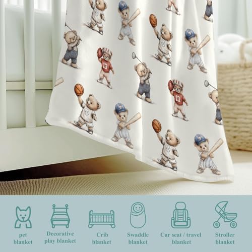 Cute Sport Bears Golf Baseball Basketball Baby Boy Girl Blankets Sports Lover Gift White Flannel Fluffy Blanket for Baby Breathable Toddler Blanket for Crib Stroller Bed Travel White 50x60inch - Image 4