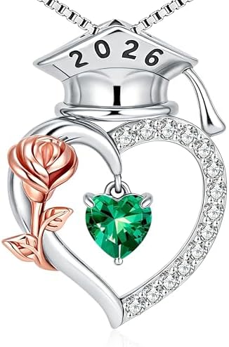 SLOONG College Graduation Gifts for Her, S925 Sterling Silver Heart Birthstone Graduation Cap Rose Necklace, Class of 2026 High School College Graduation Gifts for Her by sloong