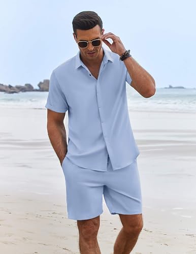 COOFANDY Men's Summer Beach Outfits 2 Piece Short Sleeve Shirts and Shorts Vacation Texture Linen Sets for Men - Image 2