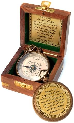 Trust in The Lord with All Your Heart -Proverbs 3: 5-6 Quote Engraved Compass with Wooden Box, Baptism Gifts for Boys, Inspirational Gifts Men, Graduation Day Gifts, First Communion Gifts by Timbrio