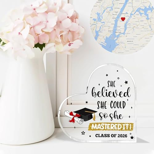 Graduate Gifts Class of 2026 Plaque, College Graduation Gifts for Her Women, Inspirational Graduation Gift, Masters Graduate Grad Keepsake for Masters Degree Heart Acrylic Paperweight, She Mastered It - Image 4