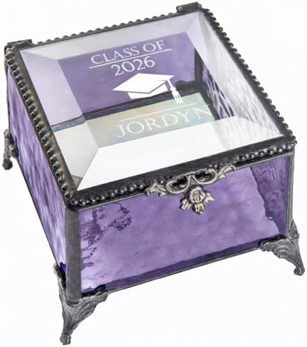 Graduation Keepsake Box Class of 2026 Personalized Name, Purple Glass Jewelry Box, Engraved Memory Box with Graduation Cap, Senior Gift 2026 - Image 2