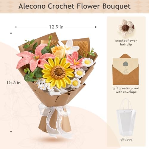 Alecono Large Crochet Flower Bouquet Pink Handmade Sunflower Floral Set - Image 6