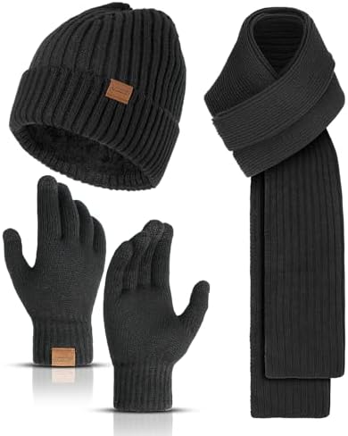 Winter Beanie Hats Long Neck Scarf for Men and Touchscreen Gloves 3PCS Set by HONNESSERRY