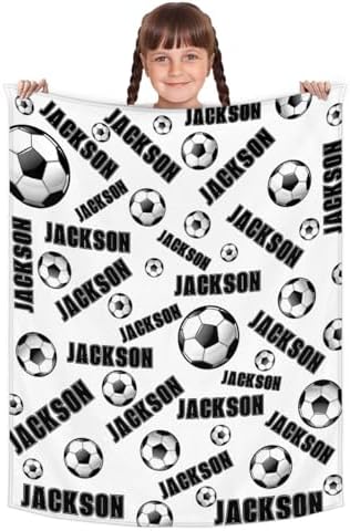 Personalized Baby Blankets for Girls Boys, Custom Baby Blanket with Name Swaddle Toddler Fleece Blanket Personalized Gift White Soccer Text - Image 2