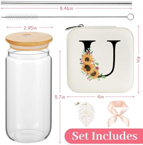 AYGXU Travel Gifts for Women Girls,Small Jewelry Organizer Box,Bridesmaid Proposal Gifts,glass cup with bamboo lid and straw,aesthetic cups,coffee cups,Graduation Gifts for Her Initial U white - Image 2