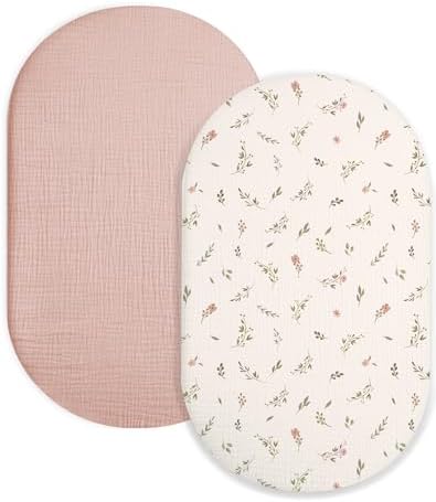 Muslin Bassinet Sheets 2 Pack, 33" x 17", (Petal Leaf & Pink) by Meowcards
