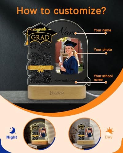 Personalized Graduation Gifts Custom Photo Name Night Light Black and Gold LED Table Lamp for 2026 University High School Senior Keepsake(Cap) - Image 2