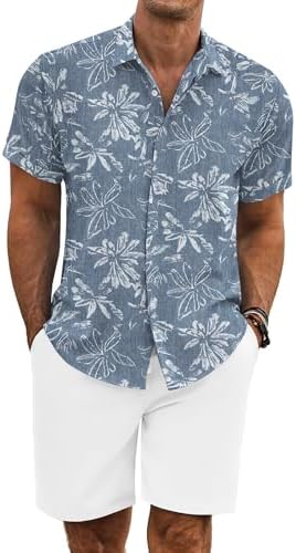 COOFANDY Men's Summer Beach Outfits 2 Piece Short Sleeve Shirts and Shorts Vacation Texture Linen Sets for Men by COOFANDY
