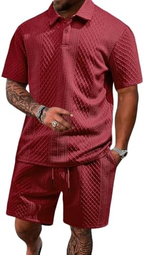 Men's 2 Pieces Outfits Casual Polo Shirt and Shorts Set Collar Athletic Jogging Summer Tracksuit by LINENNMAIN