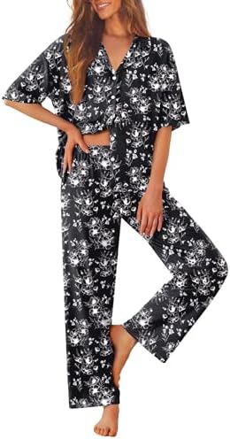 Ekouaer Women Pajamas Set Button Down Sleepwear Short Sleeve Pjs Long Pants by EKOUAER