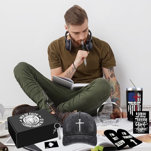 10 Pcs Christian Gifts for Men Faith, Inspirational Religious Gifts, Catholic Gift with 20 Oz Tumbler Bible Verses Crystal Plaque Hat Socks Bracelet Keychain for Husband, Dad, Grandpa, Friends - Image 7