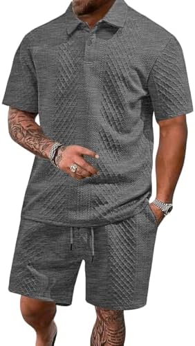 Men's 2 Pieces Outfits Casual Polo Shirt and Shorts Set Collar Athletic Jogging Summer Tracksuit by LINENNMAIN