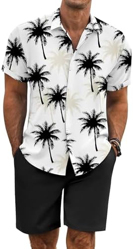 COOFANDY Men's Summer Beach Outfits 2 Piece Short Sleeve Shirts and Shorts Vacation Texture Linen Sets for Men by COOFANDY