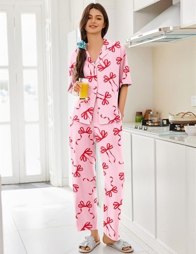 Ekouaer Women Pajamas Set Button Down Sleepwear Short Sleeve Pjs Long Pants - Image 3