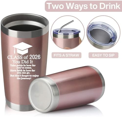 2026 Graduation Motivational Gift for Him Her 20 Ounce Stainless Steel Car Tumbler Insulted Mug Cup Graduate Inspirational Gifts for College (Rose Gold) - Image 3