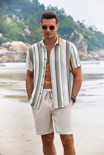 COOFANDY Men's Summer Beach Outfits 2 Piece Short Sleeve Shirts and Shorts Vacation Texture Linen Sets for Men - Image 2