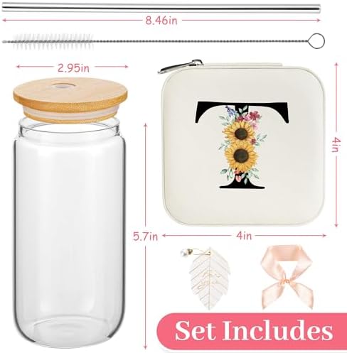AYGXU Graduation Gifts for Her,Initial Glass Cup with Bamboo Lid Straw, Trendy Travel Jewelry Case, Monogrammed Gifts for Women, Personalized Mothers Day, Birthday Gifts for Her Mom.Initial T white - Image 2