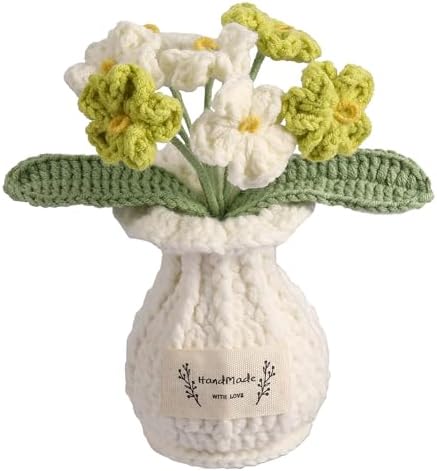Forget-Me-Not Crochet Flower Potted Plant – Handmade Desk Decor, 7 Bloom Crochet Flowers in Fresh Green Shades by YOOJEE