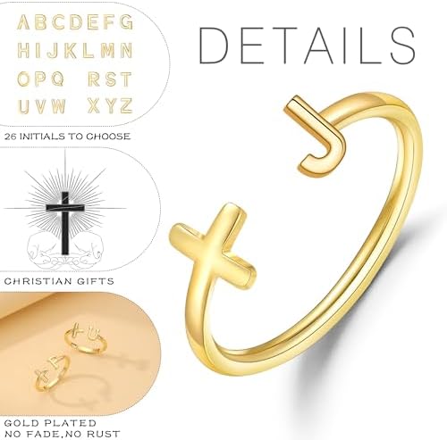 Btysun Graduation Gifts Class of 2026 Gift Initial Ring Gold Rings for Women Christian Gifts for Women Letter A-Z Teens Cross Initial Ring for Daughter Mom Granddaughter Her - Image 4