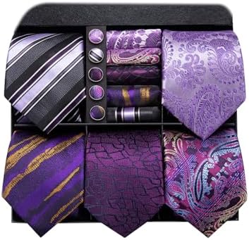 Hi-Tie Lot 5 Pcs Gift Box Mens Tie Set Necktie with Pocket Square Cufflinks Silk Neck Tie Collection by Hi-Tie